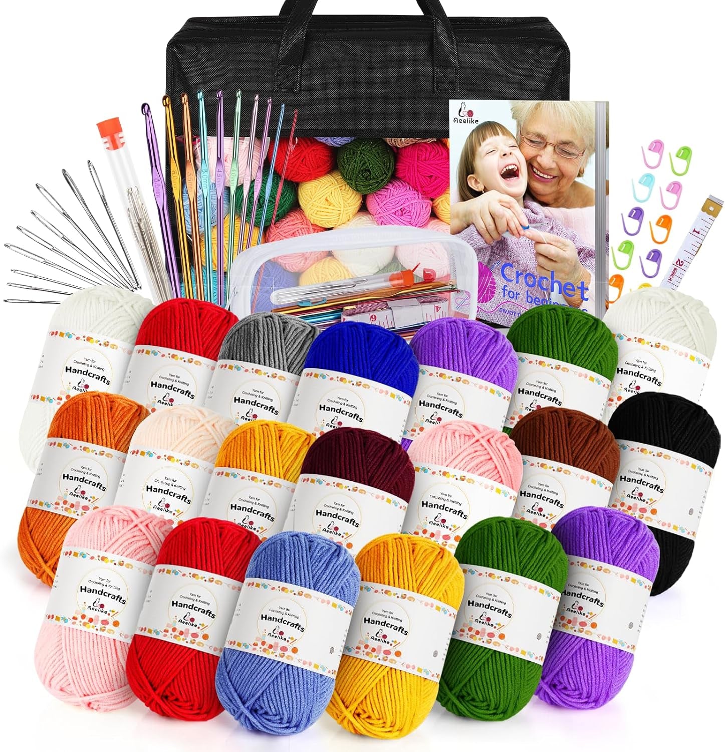 Crochet Kit for Beginners Adults, Crochet Kits Include Yarn, 59Pcs Crochet Starter Kit for Beginners Kids,Ergonomic Crochet Hooks 2.0-6.0 Mm, Lace Steel Needles 0.6-1.9 Mm