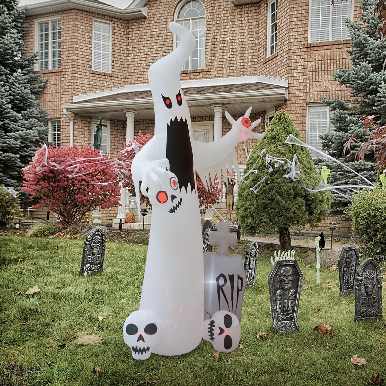 12 FT Halloween Inflatables Outdoor Halloween Blow up Yard Decorations Horror White Ghost with 3 Skull Heads Bleeding Eyeball Tombstone Halloween Decorations Clearance for Party Yard Garden