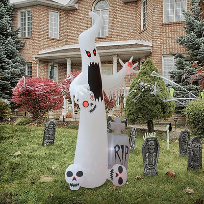 12 FT Halloween Inflatables Outdoor Halloween Blow up Yard Decorations Horror White Ghost with 3 Skull Heads Bleeding Eyeball Tombstone Halloween Decorations Clearance for Party Yard Garden