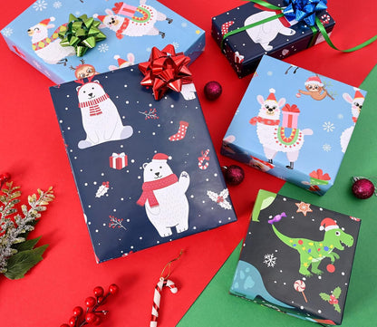 Christmas Wrapping Paper for Kids Boys Girls 6 Large Sheet Gift Wrapping Paper Xmas Holiday Gift Wrap Paper Christmas Decorations Pattern Dinosaur, Bear, Llama, Sloth Folded Flat 27 * 37Inch