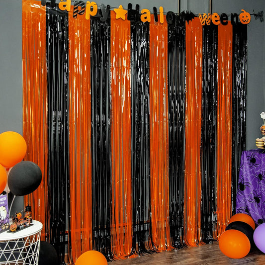 3 Pack Orange Black Photo Booth Props 3.3 X 6.6 Ft Halloween Foil Fringe Curtains Halloween Party Photo Backdrop Streamers Backdrop for Birthday Anniversary Party Halloween Party Decoration