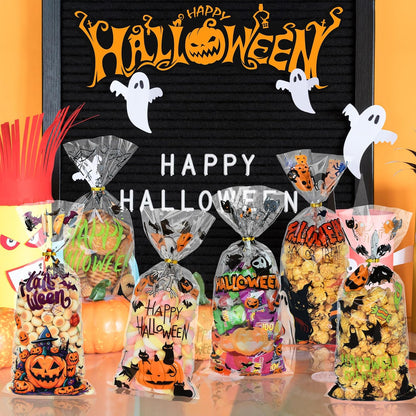 150 Pcs Halloween Cellophane Treat Bags, Halloween Trick or Treat Goodie Bags with 170 Pcs Twists for Snacks Cookies Packing (10.8 X 4.9 Inches)