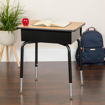 Billie Open Front Student Desk for Classrooms or Remote Learning, Height Adjustable School Desk with Metal Book Box, Natural/Black