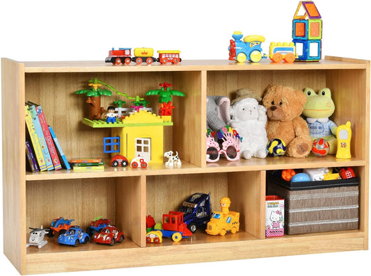 2-Shelf Bookcase for Kids, Wooden Toy Storage Organizer for Books Toys, 5-Section Freestanding Classroom Daycare Shelf for Home Playroom, Hallway & Kindergarten (Burlywood)