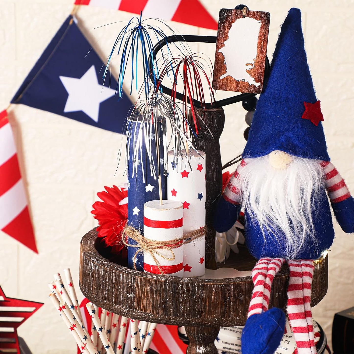 3 Pcs 4Th of July Wooden Firework Patriotic Tiered Tray Decor Independence Day Centerpiece Memorial Day Table Decor Patriotic Wooden Centerpiece for Home Decorations(Stripe and Star)