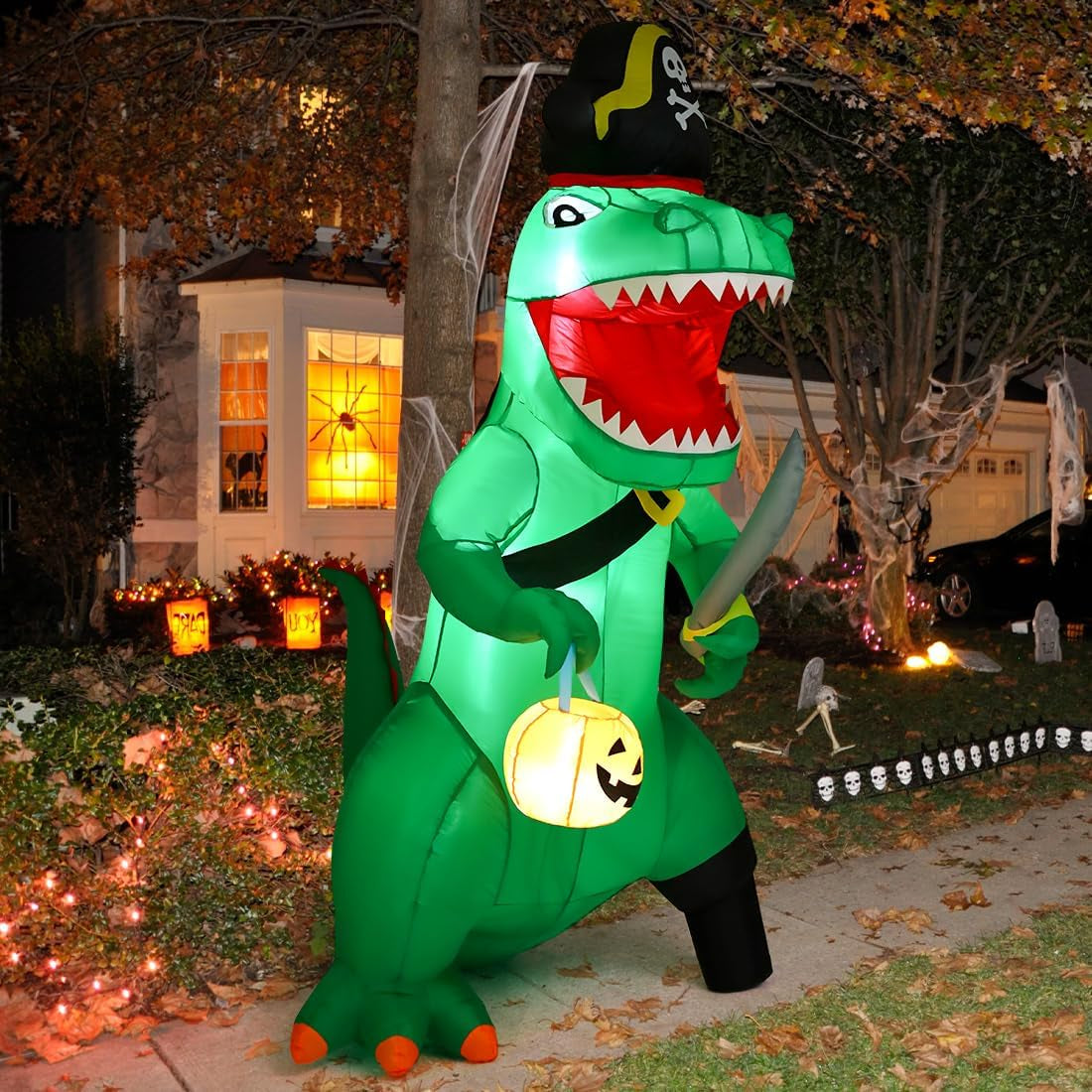 7 FT Halloween Inflatables Dinosaur Outdoor Decorations Blow up Yard Pirate Dinosaur with Pumpkin Decoration with Built-In Leds for Indoor Party Garden Lawn Decor