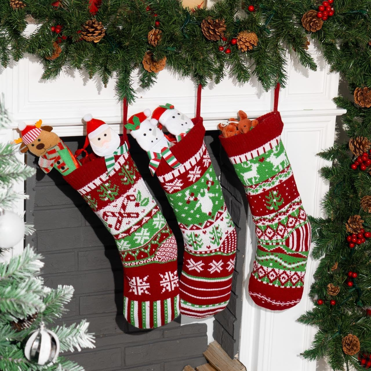 3 Pack 18” Christmas Stockings, Large Size Rustic Cable Knit Xmas Stocking in Red & Green, for Family Holiday Season Decorations