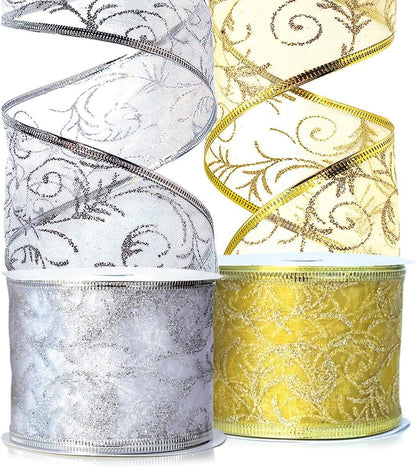 Sheer Ribbon Gift Wrap Set - Wedding Ribbons 50 Yard Gift Wrapping Ribbons Wired 2.5 Inch Gold & Silver Organza 2 Pack Rolls 25 Yd Kit for Craft, Weddings Decoration, Anniversary Presents, Florist