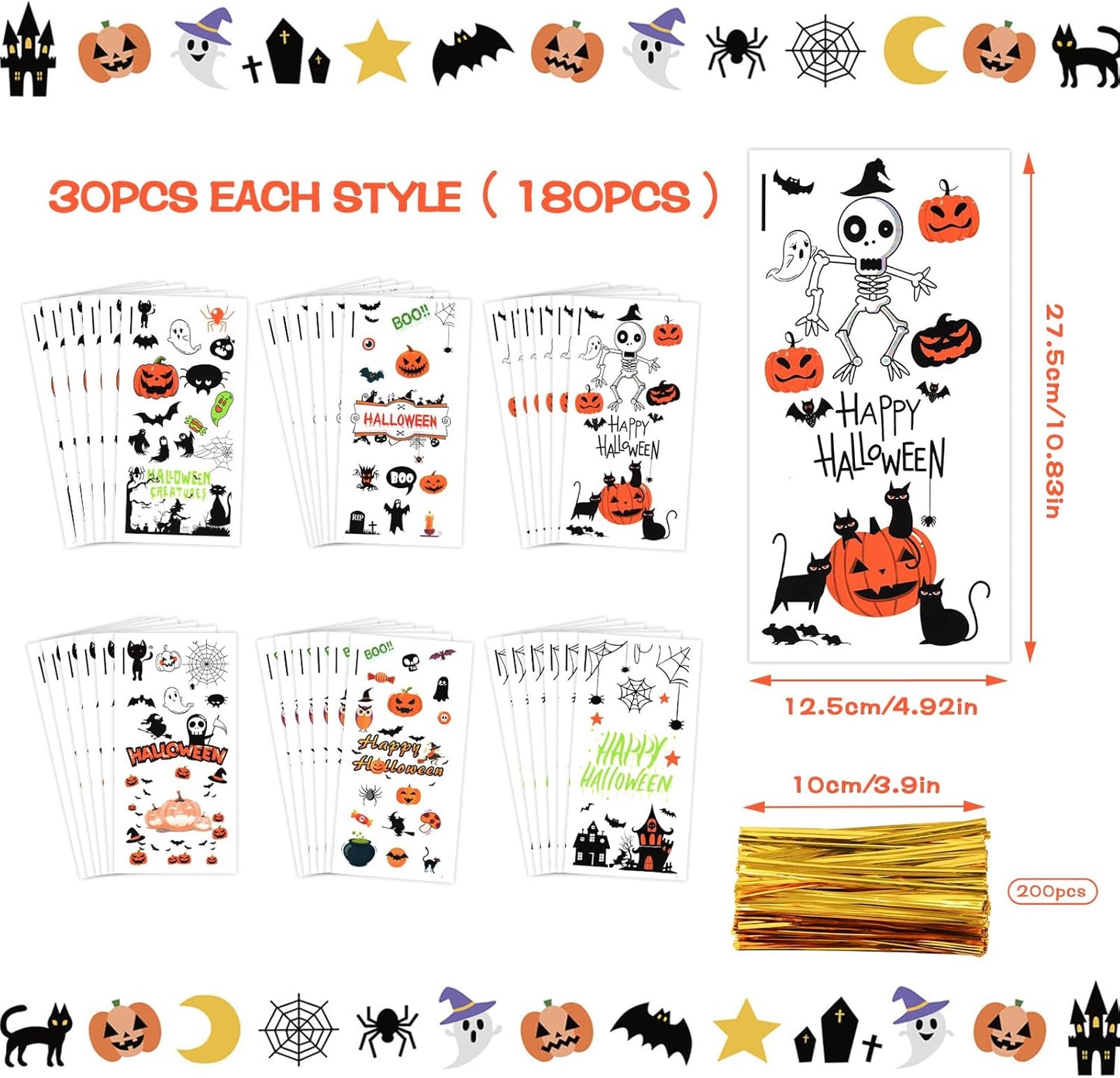 Halloween Cellophane Treat Bags, 180Pcs Halloween Trick or Treat Goodie Gags with 200Pcs Gold Twists for Snacks Cookies Candies Packing, Skeleton Man Halloween Candy Bags Party Favor Supplies