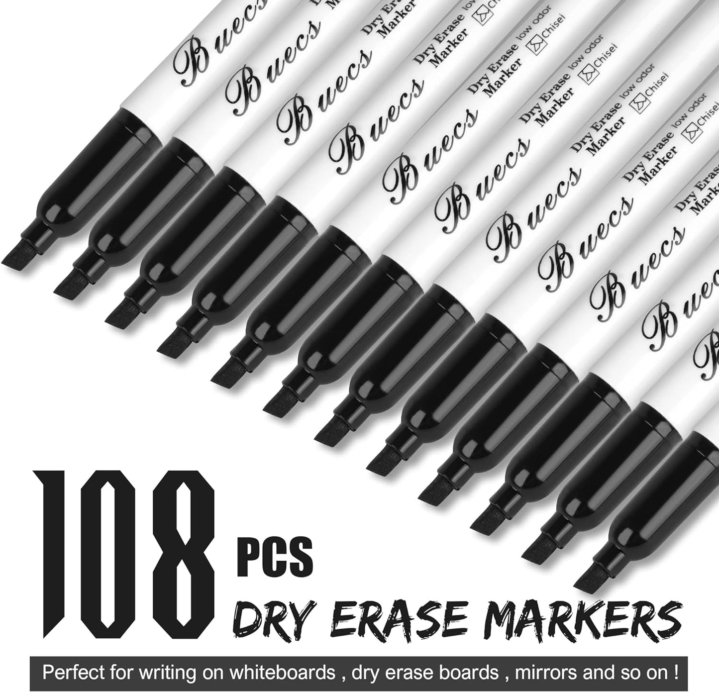 Black Dry Erase Markers, Low-Odor, 108 Count, Chisel Tip, Perfect for Writing on Whiteboards, Dry-Erase Boards, Glass, School Office Supplies