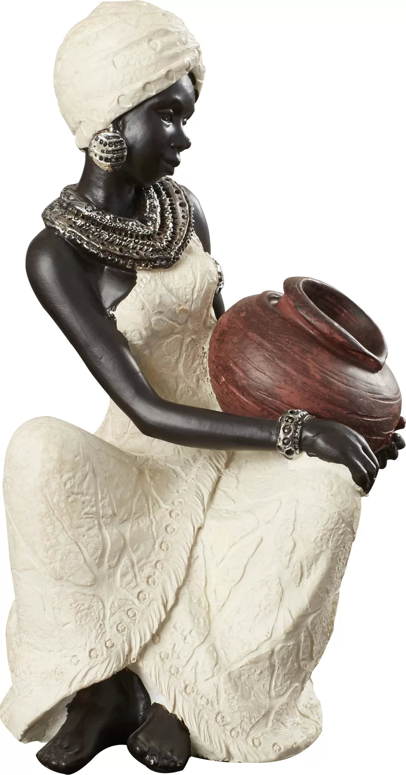 Harly Cream Polystone Sitting African Woman Sculpture with Red Water Pot