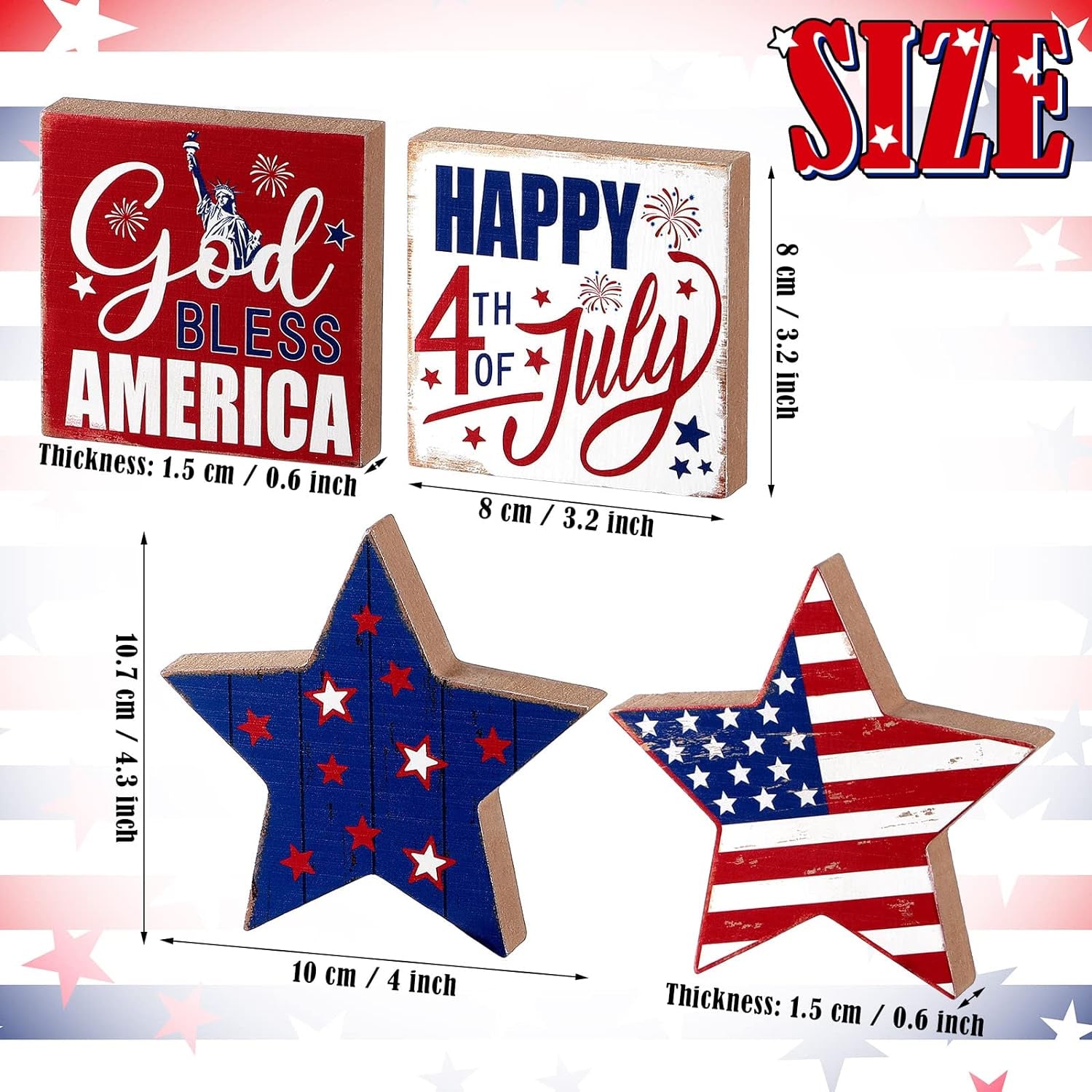 4 Pcs 4Th of July Patriotic Tiered Tray Decor Memorial Day Independence Table Decorations Farmhouse Stars Centerpiece Wood Signs Lady Liberty Signs Standing Blocks Red White Blue (Star)