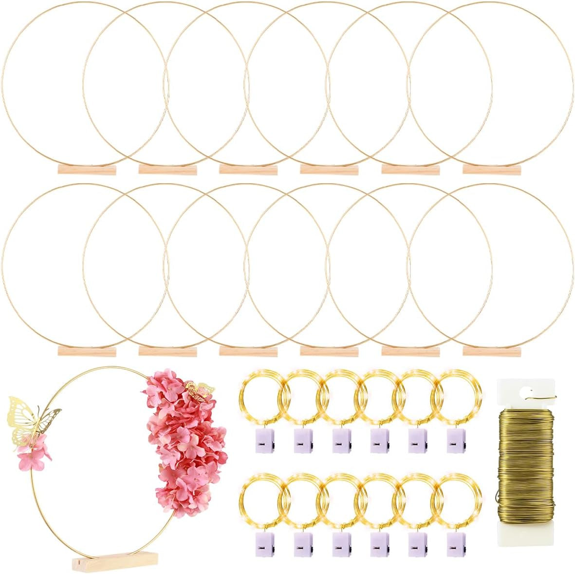 12 Pack Floral Hoop with Holders and LED Fairy Lights 18 Inch Metal Rings for DIY Centerpiece Table Decorations Crafts Macrame Rings Hoop Wreath Dream Catcher Rings Wedding Christmas Wreaths, Silver