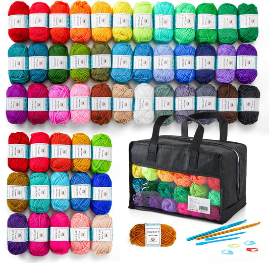 52 Acrylic Yarn Skeins, 1820 Yards 52 Colors, 2 Crochet Hooks, 2 Weaving Needles, 10 Stitch Markers, 1 Bag, for Crocheting & Knitting, Gift Beginners and Adults