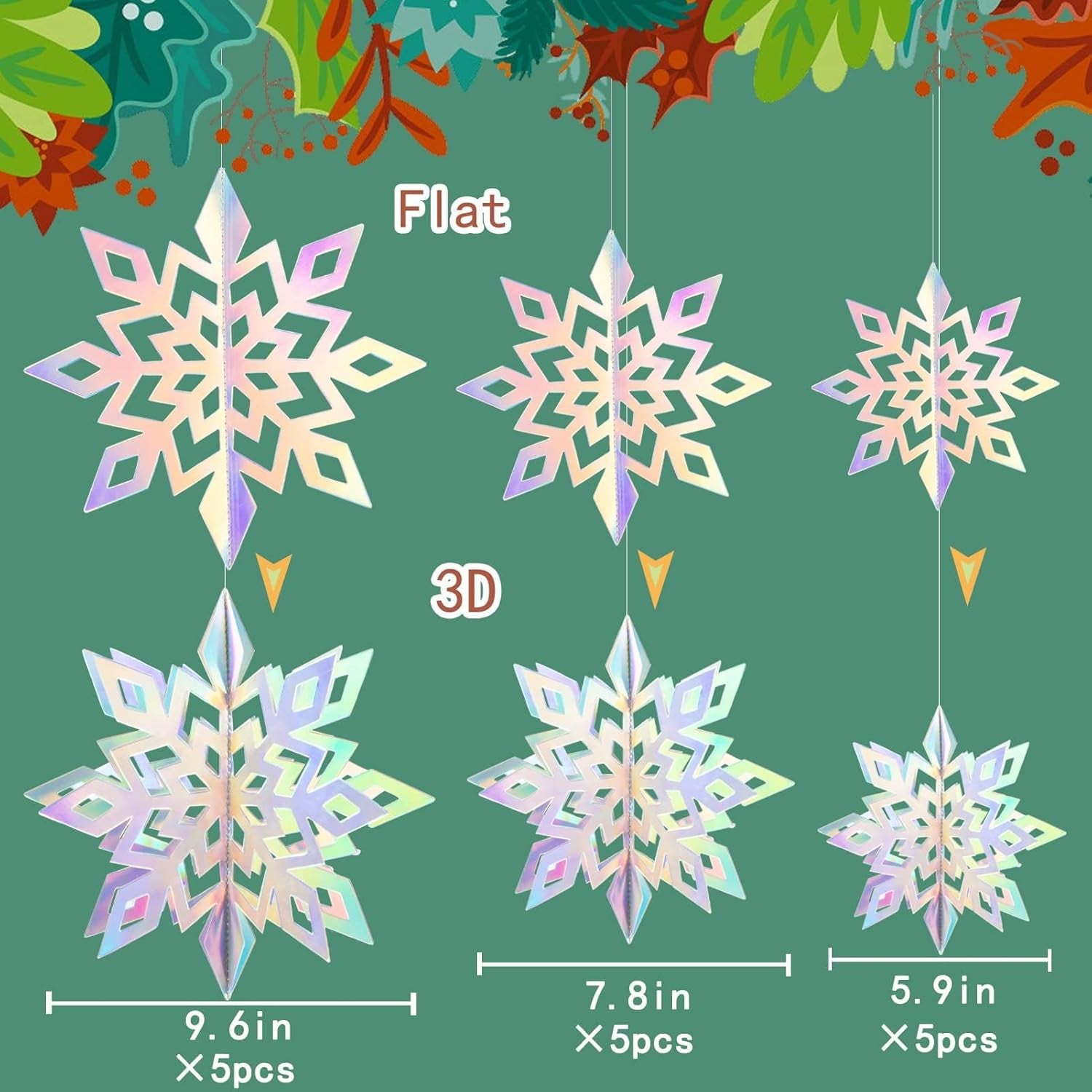 Christmas Hanging Snowflakes Decorations Clearance 15Pcs 3D Iridescent Paper Snowflakes Snow Flakes Garland for Winter Wonderland Frozen Christmas Birthday Party Decorations