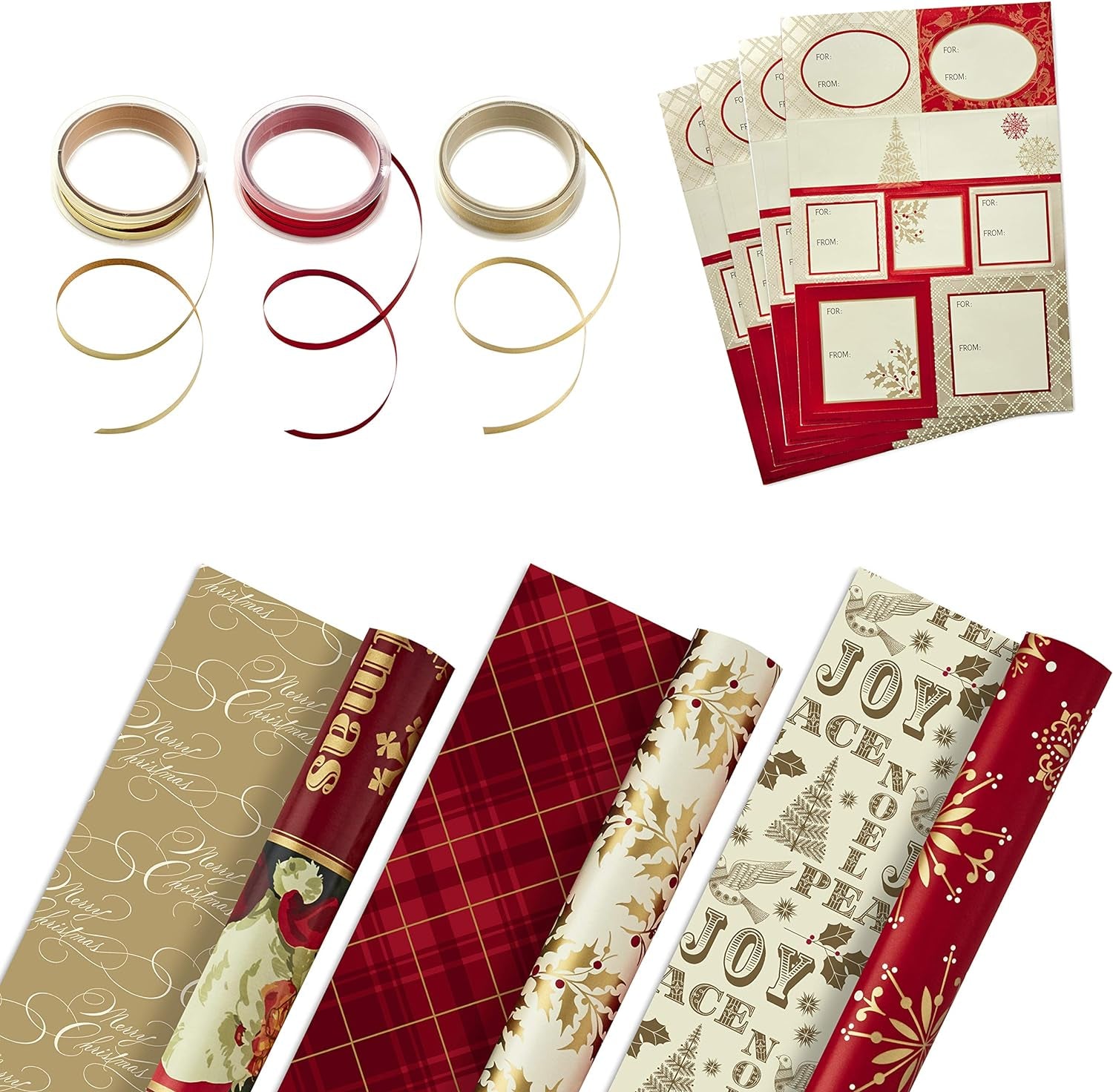 Reversible Christmas Wrapping Paper Set with Ribbon and Gift Tag Stickers (Traditional Red and Gold, 3 Rolls of Wrapping Paper and Ribbon)