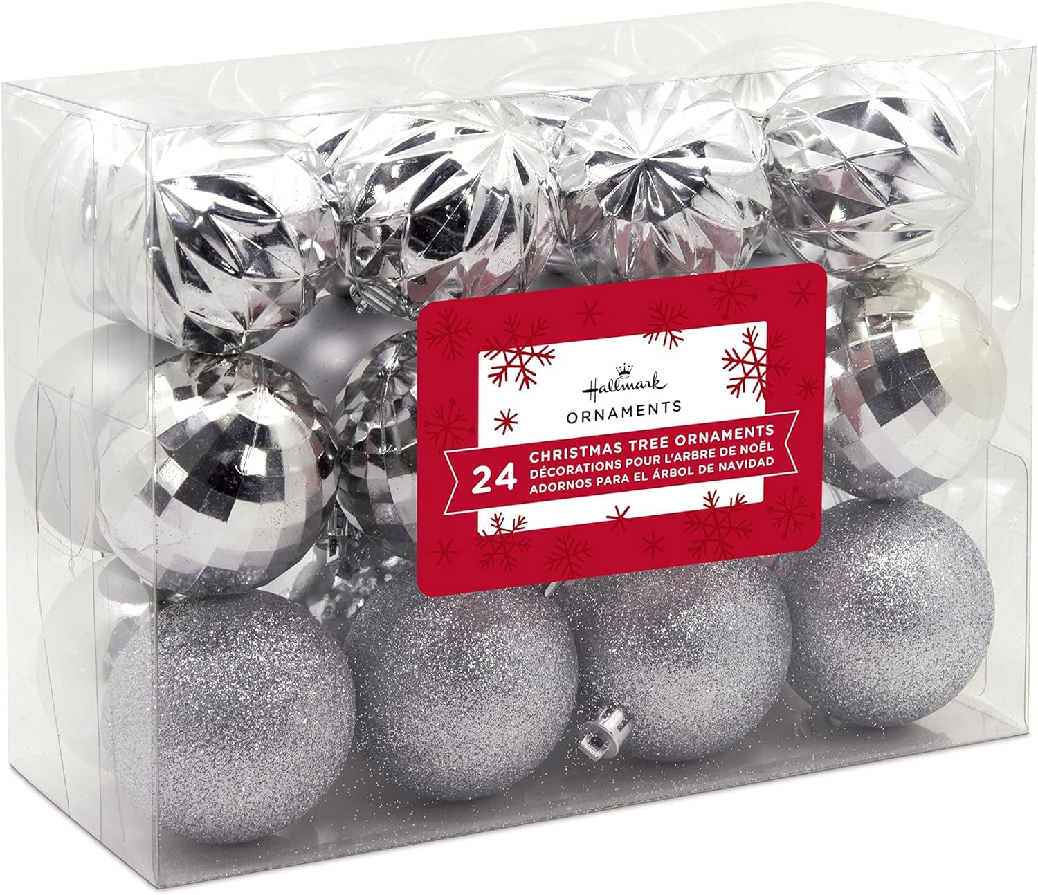 Silver Christmas Ball Ornaments, Set of 24 Christmas Baubles, Shatterproof