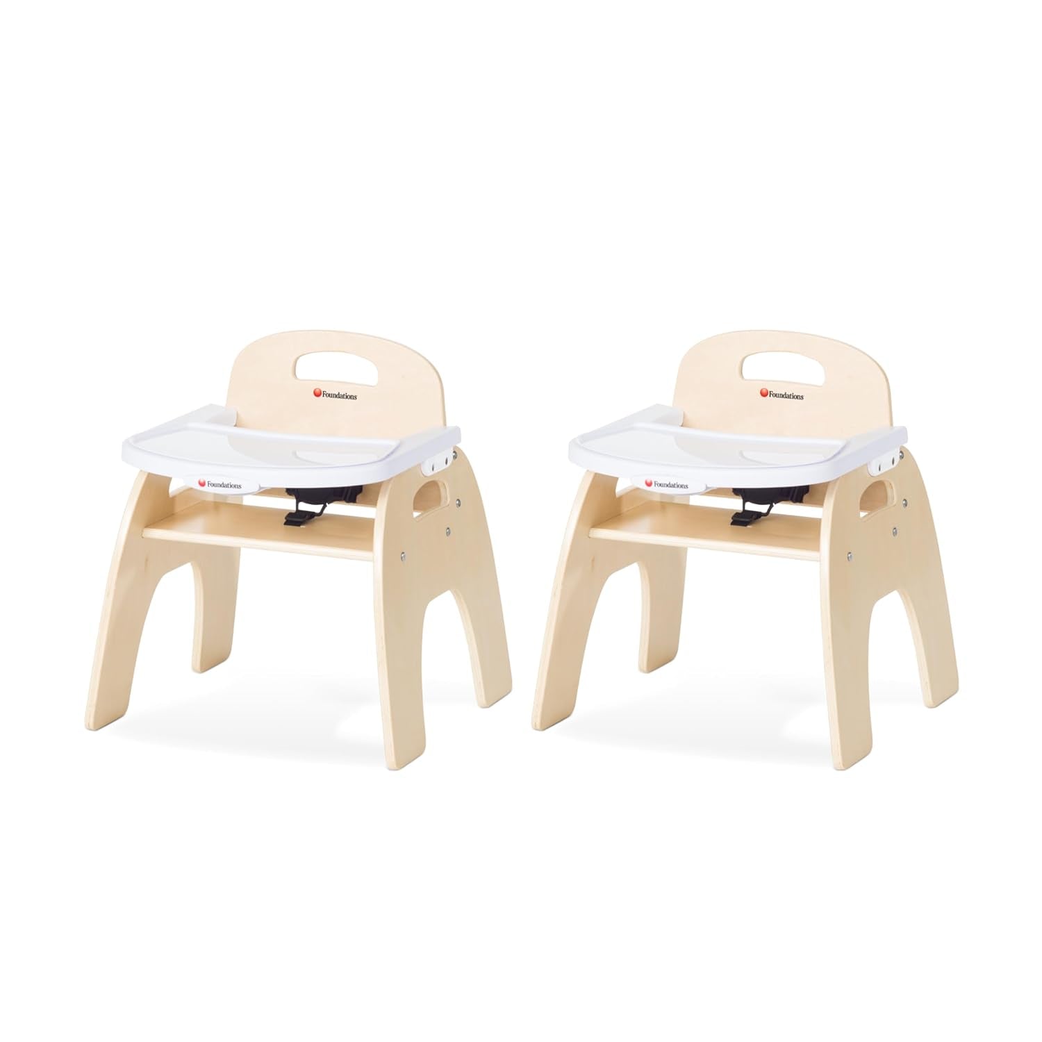 Easy Serve Low Wood Feeding Chairs Multipack, Adjustable Harness, Removable Dishwasher Safe Tray, No-Tip Base, Stackable Toddler Chairs, 2 Pack (11 Inch)