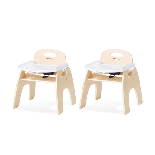 Easy Serve Low Wood Feeding Chairs Multipack, Adjustable Harness, Removable Dishwasher Safe Tray, No-Tip Base, Stackable Toddler Chairs, 2 Pack (11 Inch)