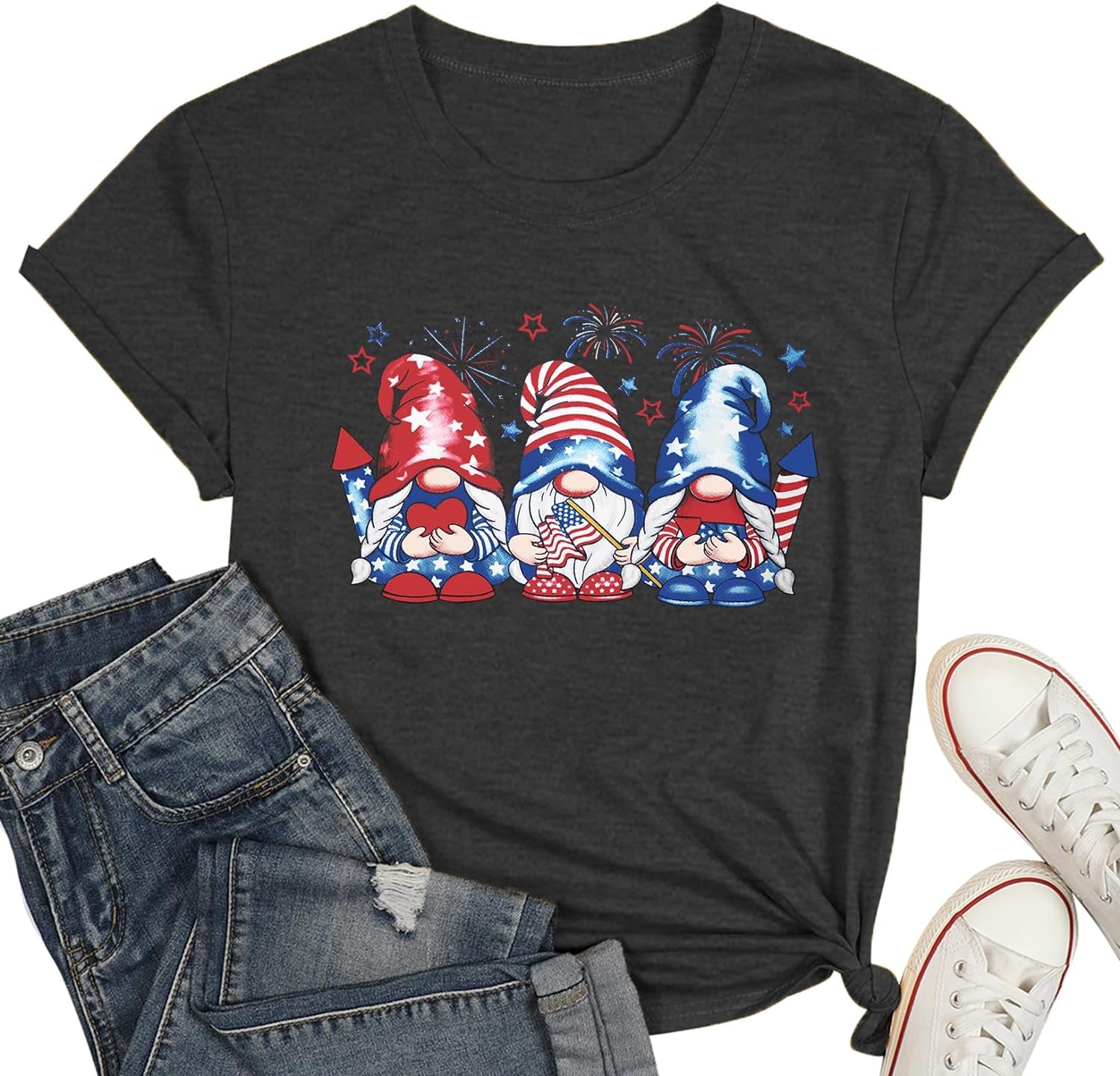 4Th of July Gnomes Shirt for Womens Funny Patriotic Graphic Tee Shirt USA Flag Stars Stripes Tee Tops