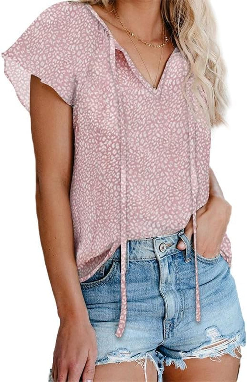 Women'S Casual Boho Floral Printed V Neck Tops Drawstring Short Long Sleeve T Shirt Blouses