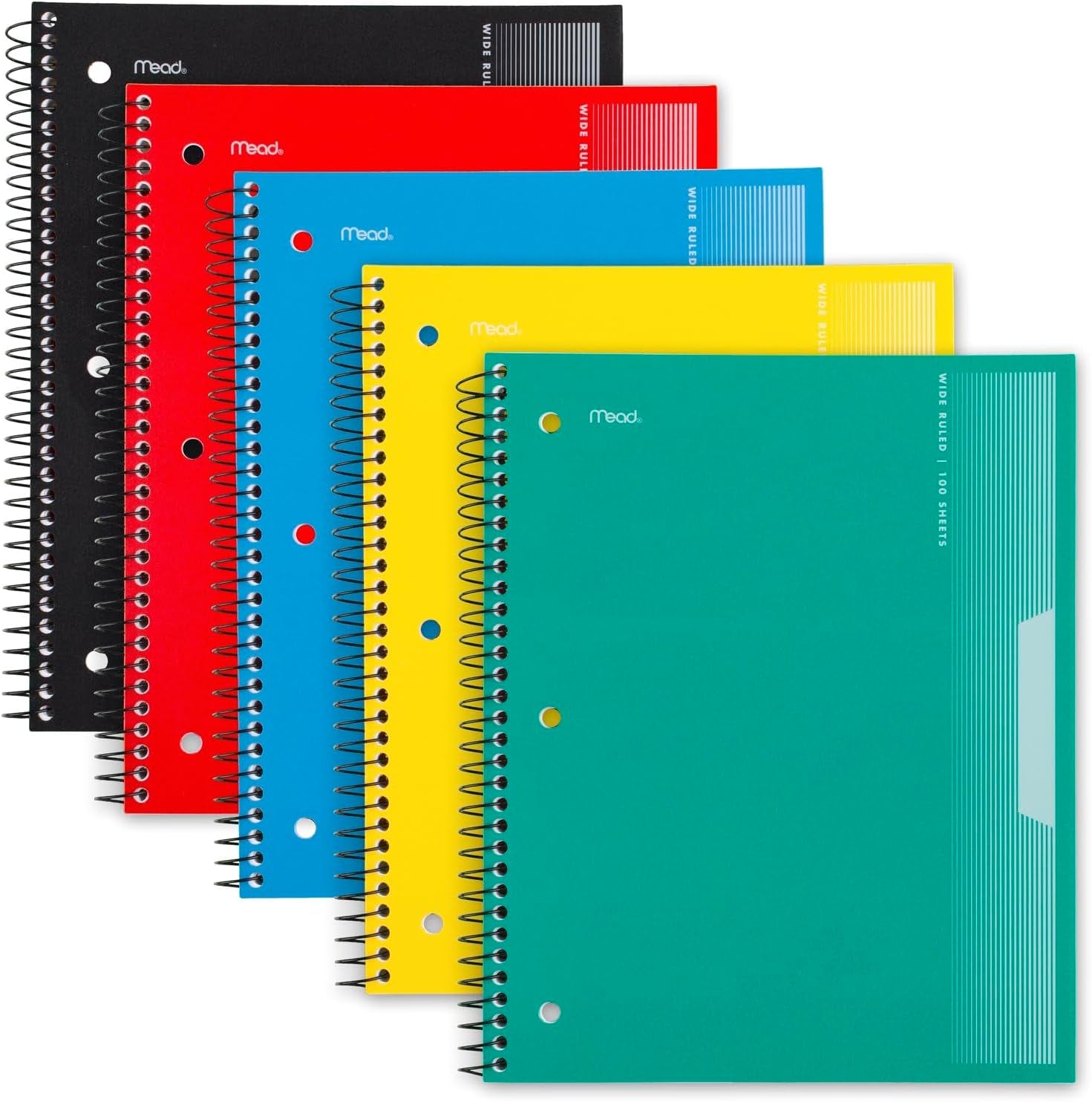 Spiral Notebooks, 5 Pack, 1-Subject, Wide Ruled Paper, Plastic Cover, 8" X 10-1/2", 100 Sheets, Black, Yellow, Red, Blue and Green (930093)