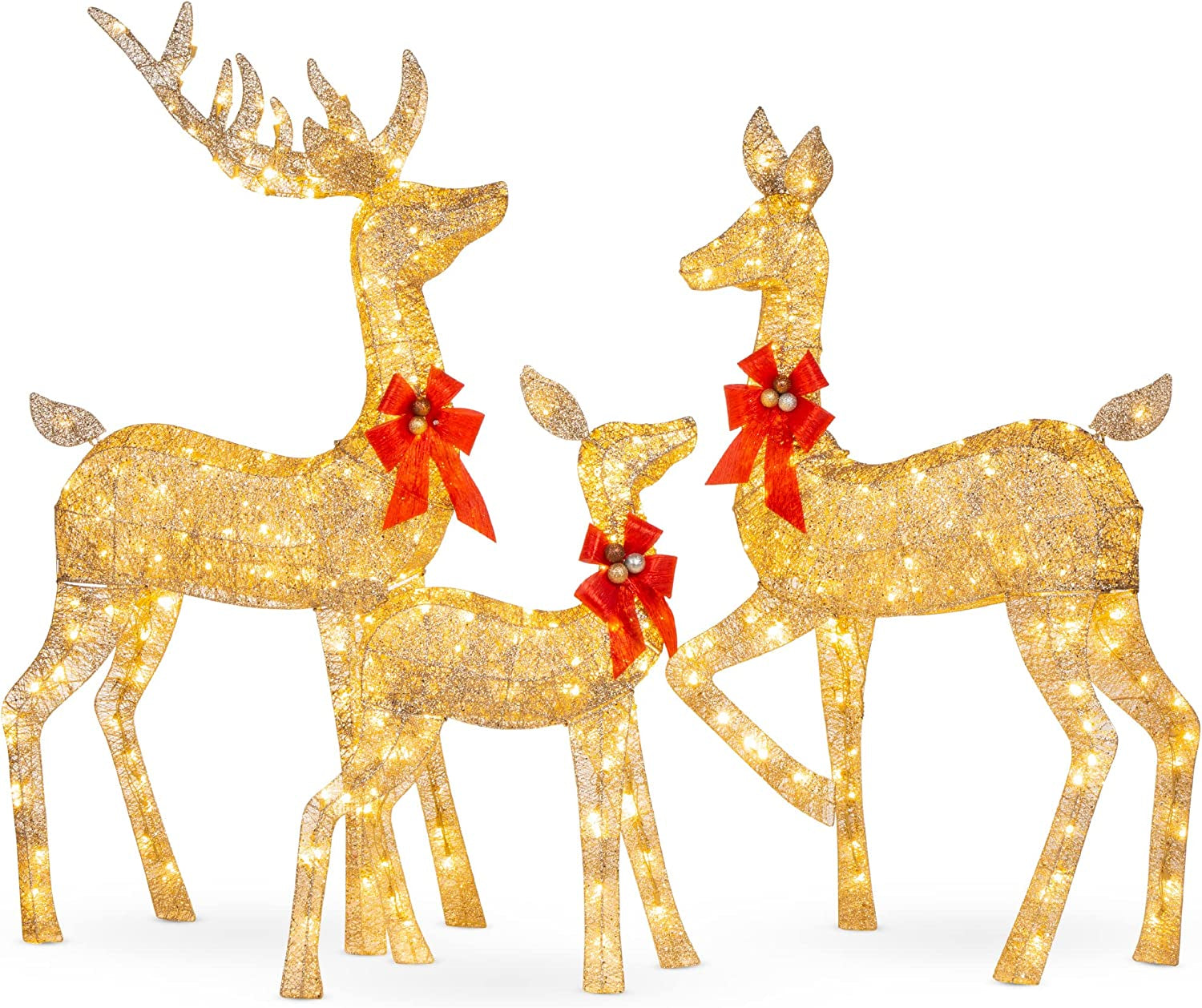 3-Piece Large Lighted Christmas Deer Family Set 5Ft Outdoor Yard Decoration with 360 LED Lights, Stakes, Zip Ties - Gold