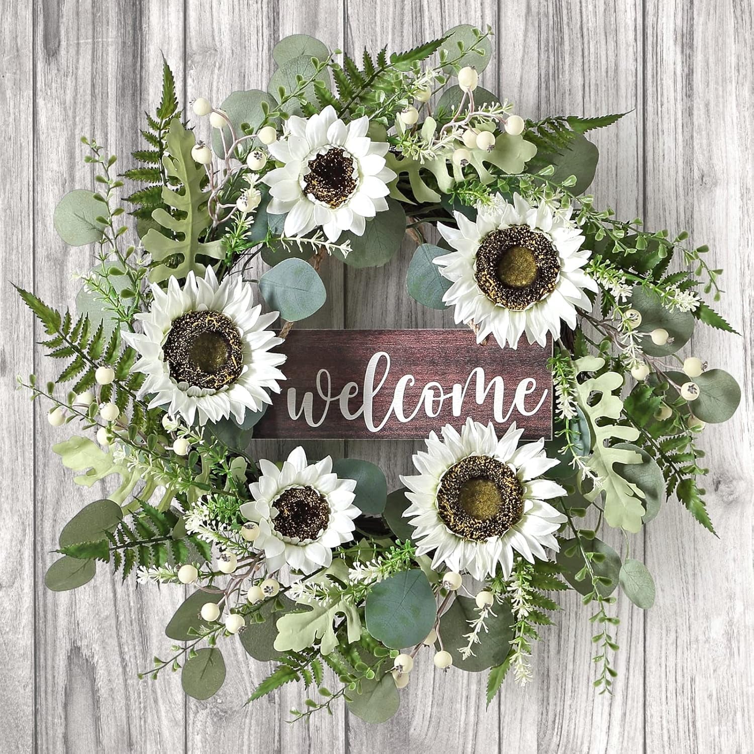 Eucalyptus Wreath for Front Door Sunflower Flowers Wreath for All Seasons with Welcome Sign Handmade Artificial Spring Garland for Front Door Garden Window Decor 20 Inch