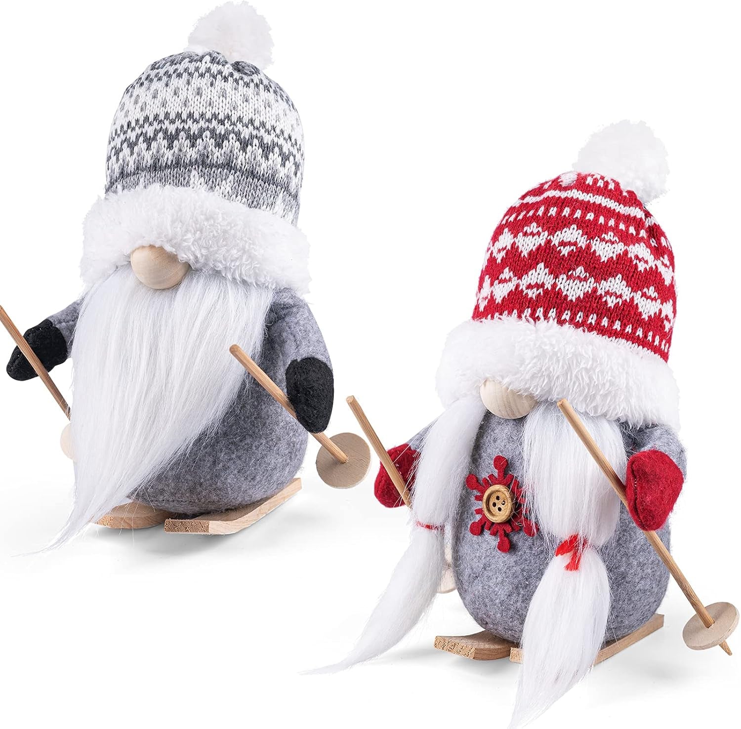 2Pack Sled Christmas Gnomes Plush with Wood Skis and Ski Poles, Handmade Swedish Tomte Santa Scandinavian Figurine Nordic Plush Elf Doll Gnome Ornaments Christmas Decorations Home Decor