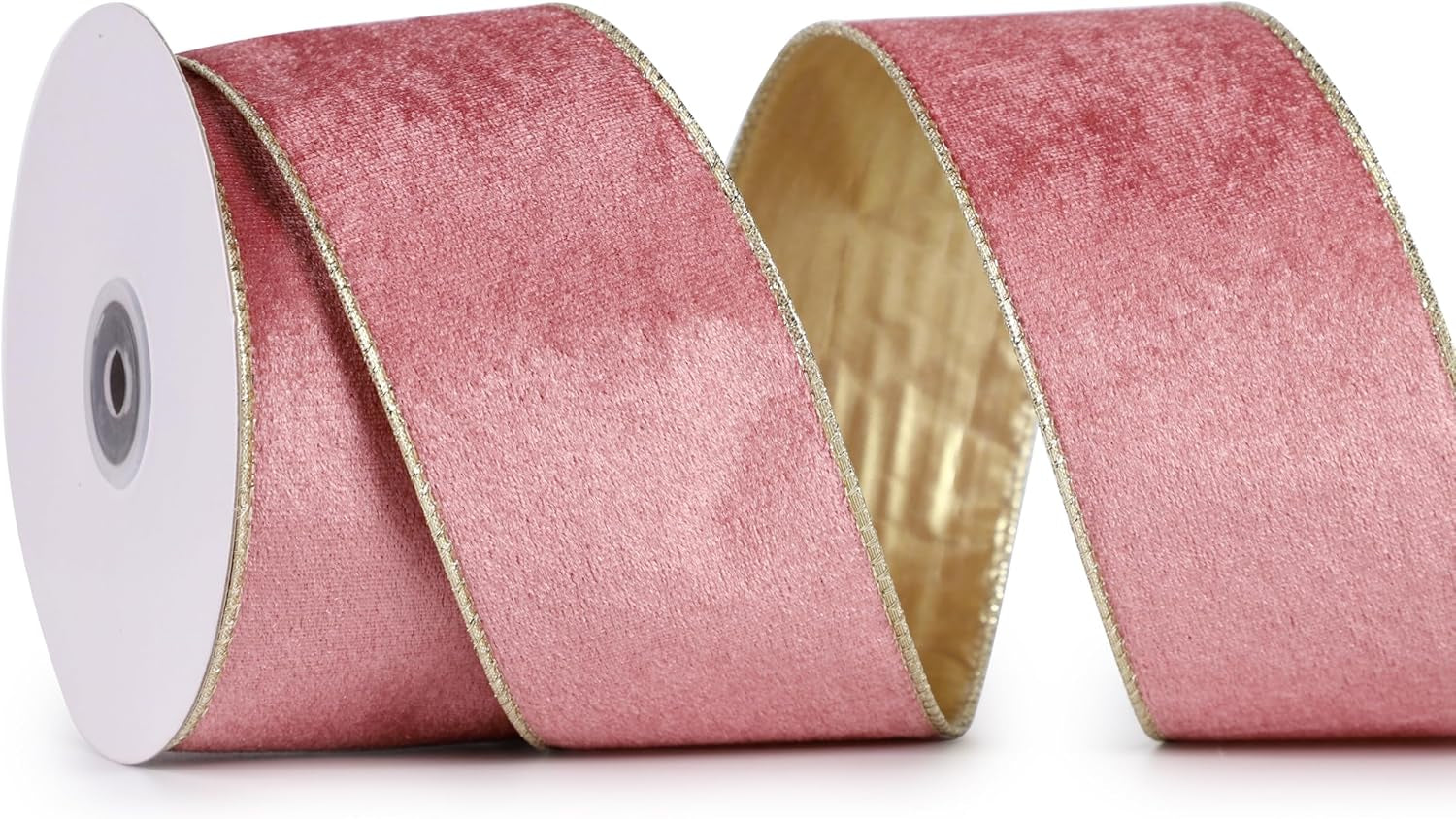 Rose Gold Velvet Ribbon Wired 2.5" X 10 Yards Rose Gold Christmas Ribbon with Gold Backside, Pink and Gold Christmas Tree Ribbon for Wreaths and Garlands, Crafts, Home Decor, Gift Wrapping