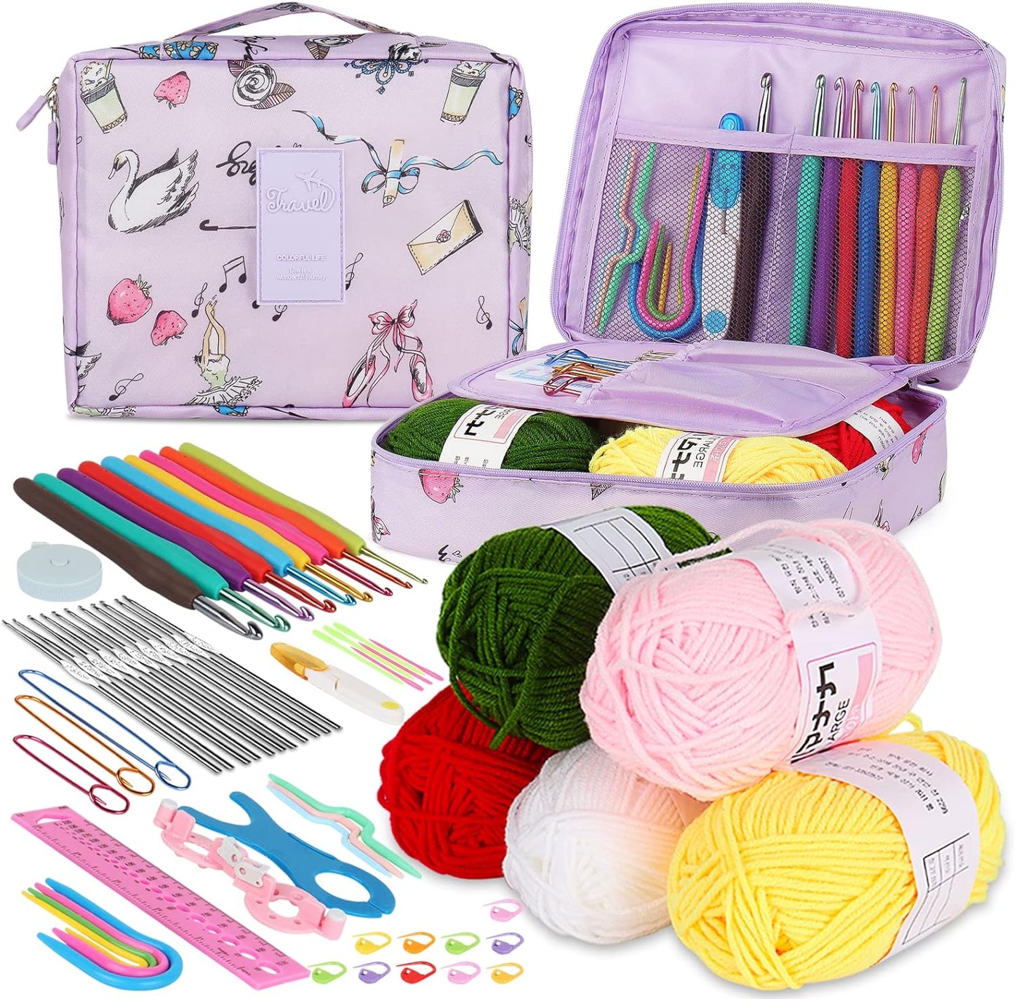 Crochet Kit for Beginners Adults, Crochet Kits Include Yarn, 59Pcs Crochet Starter Kit for Beginners Kids,Ergonomic Crochet Hooks 2.0-6.0 Mm, Lace Steel Needles 0.6-1.9 Mm