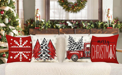 Red Christmas Pillow Covers 18X18 Set of 4 Farmhouse Christmas Decorations Merry Christmas Tree Truck Hello Winter Holiday Decor Throw Cushion Case for Home Couch S23C03