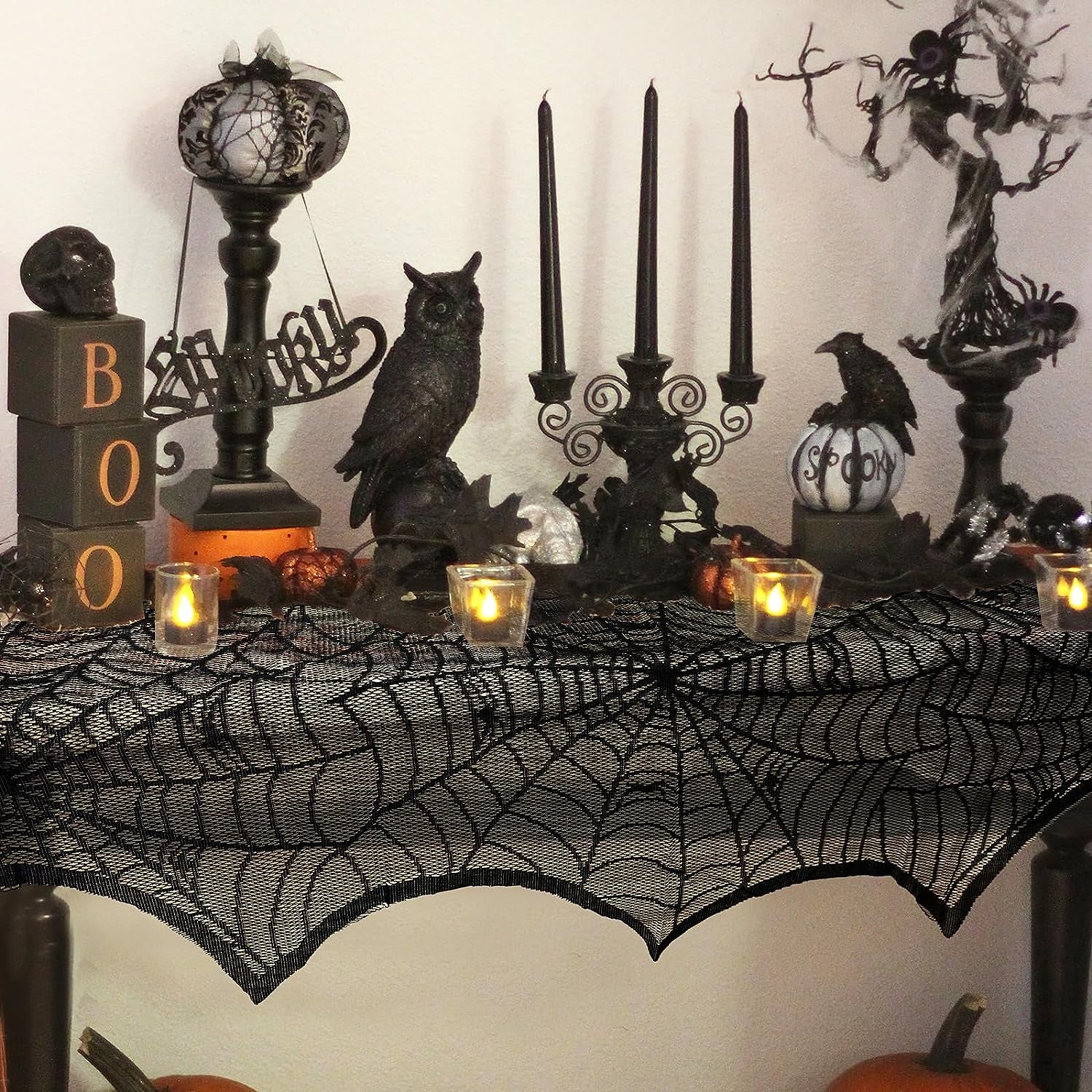 Halloween Decoration Black Lace Spiderweb Fireplace Mantle Scarf Cover Festive Party Supplies 45 X 243Cm 18 X 96 Inch