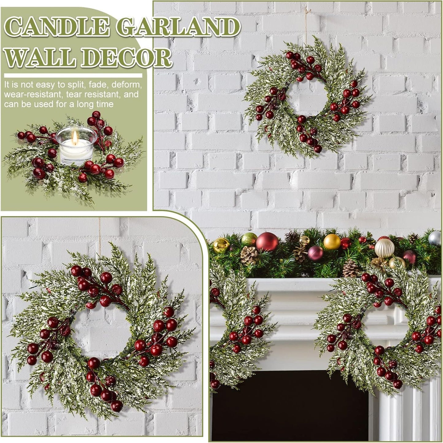 Christmas Candle Rings Mini Christmas Wreath Artificial Red Berries and Pinecones Pillars Candle Rings Kitchen Cabinets Small Wreaths Decor for Christmas Window Table Farmhouse Decoration(6 Pieces)