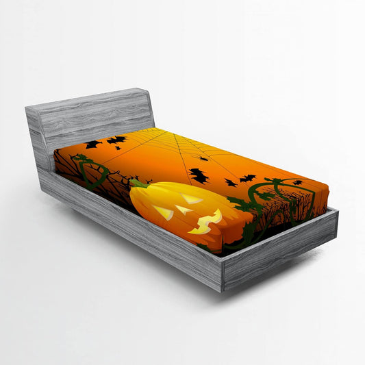 Halloween Fitted Sheet, Spooky Season Themed Composition of Pumpkins Leaves Trees and Bats, Bed Cover with All-Round Elastic Deep Pocket for Comfort, Twin XL Size, Dark Green Orange Black