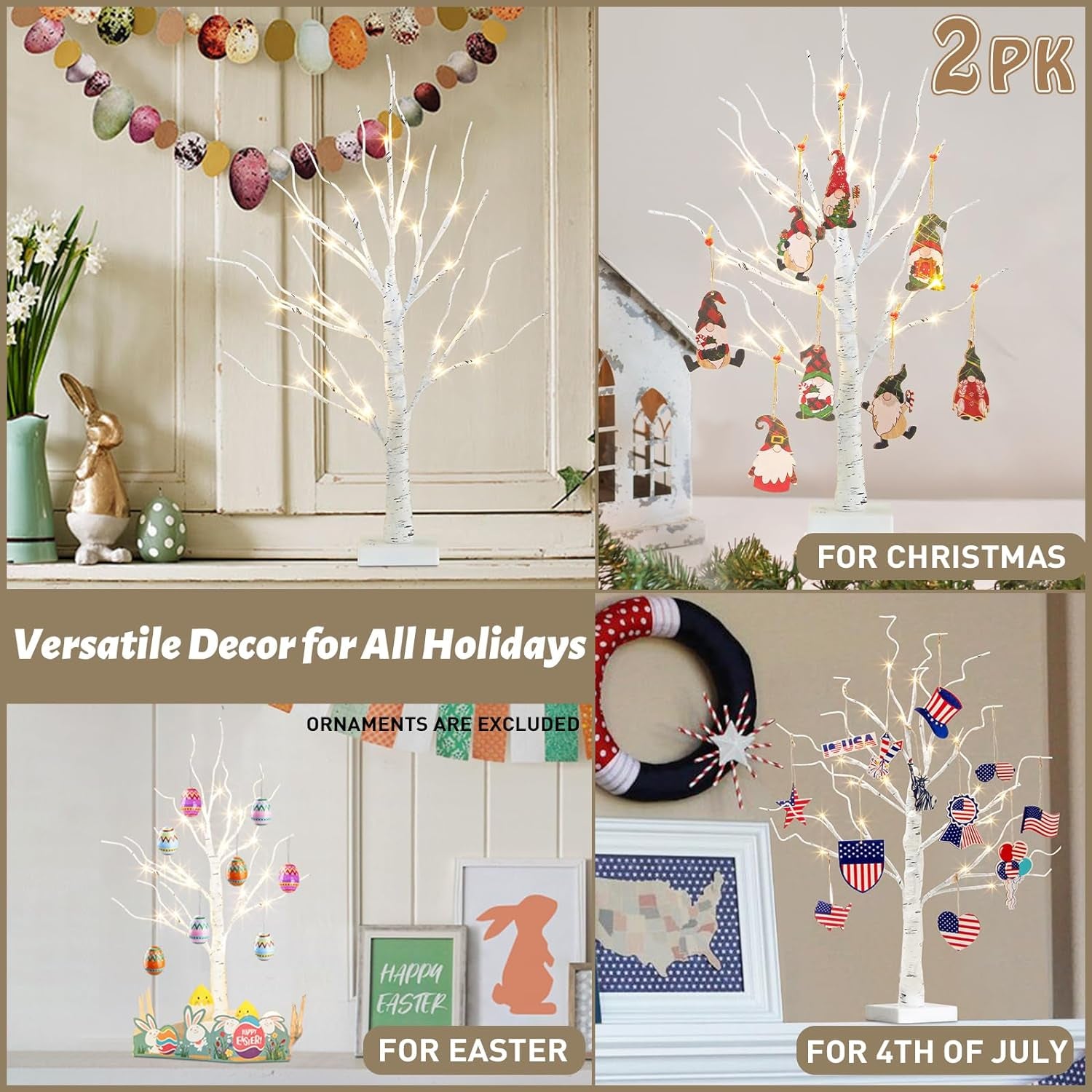 Christmas Tree for Home Decor, 2 FT Tabletop Tree with LED Lights, White Birch Tree with Lights, Fairy Light Tree for Room inside Fireplace Christmas Decorations, Battery Powered, Timer (4PK)