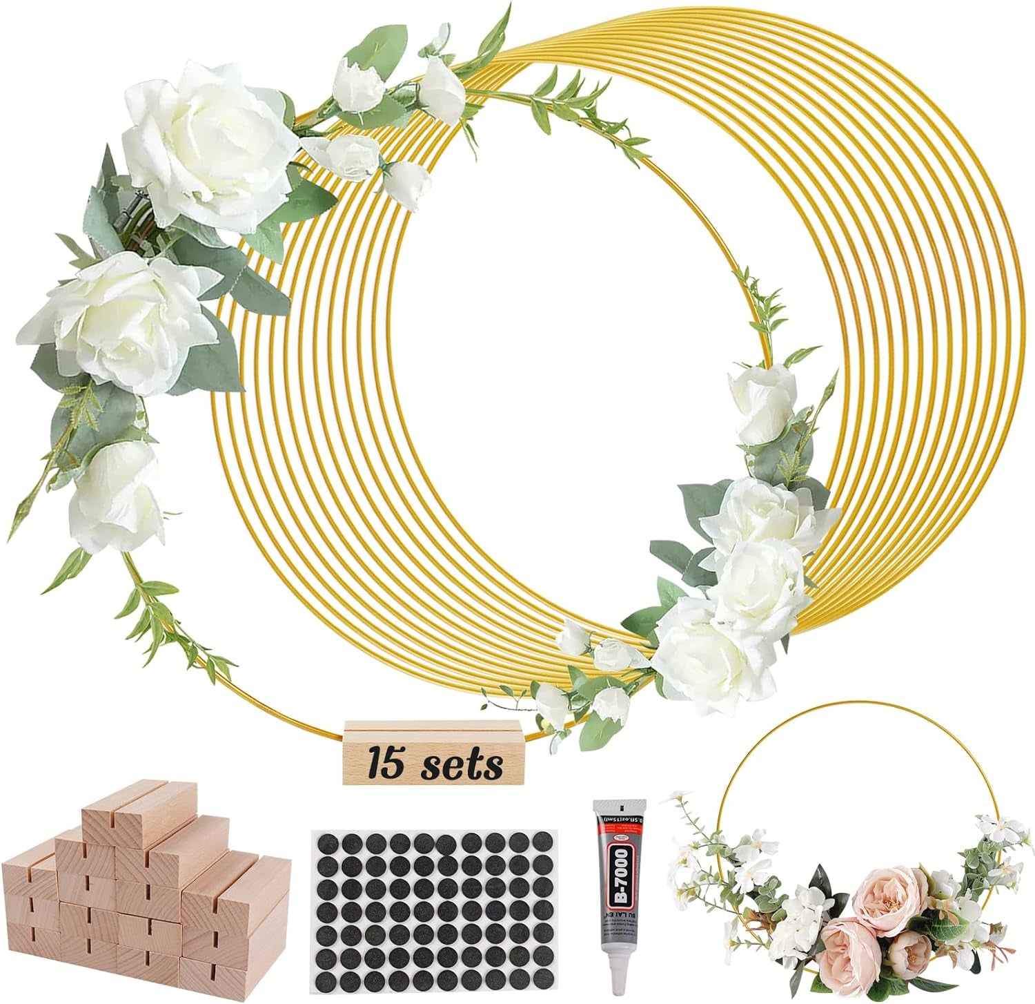 15 Pcs 12Inch Metal Floral Hoop Wreath Centerpiece Table Decorations with 15 Pcs Place Card Holders, Gold Craft Hoop Rings for DIY Wedding Decorations, Wall Hanging Crafts, and Dream Catchers