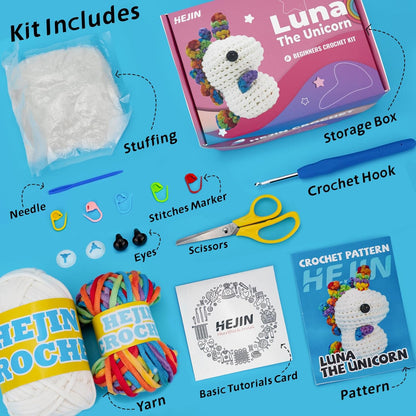 Crochet Kit for Beginners, Unicorn Crochet Kits for Kids and Adults Include Rainbow Yarn, Videos Tutorials, Eyes, and Crochet Hook - Crochet Animal Kit, Beginner Crochet Kit - Gift for Birthdays