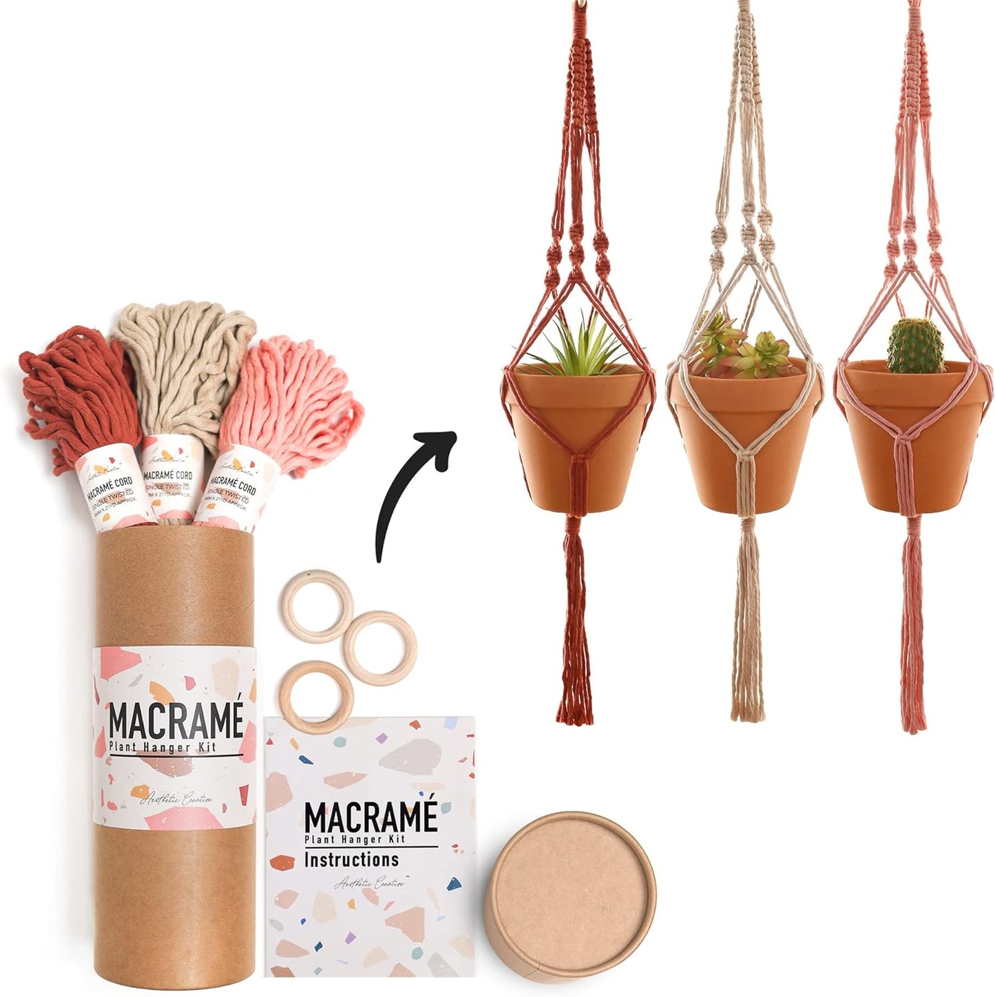 Macrame Kit, Makes 3 DIY Plant Hangers for Teens & Adult Beginners, Craft Supplies for Boho Art Project-3 Custom Color Macrame Cord, Wooden Rings & Instructions