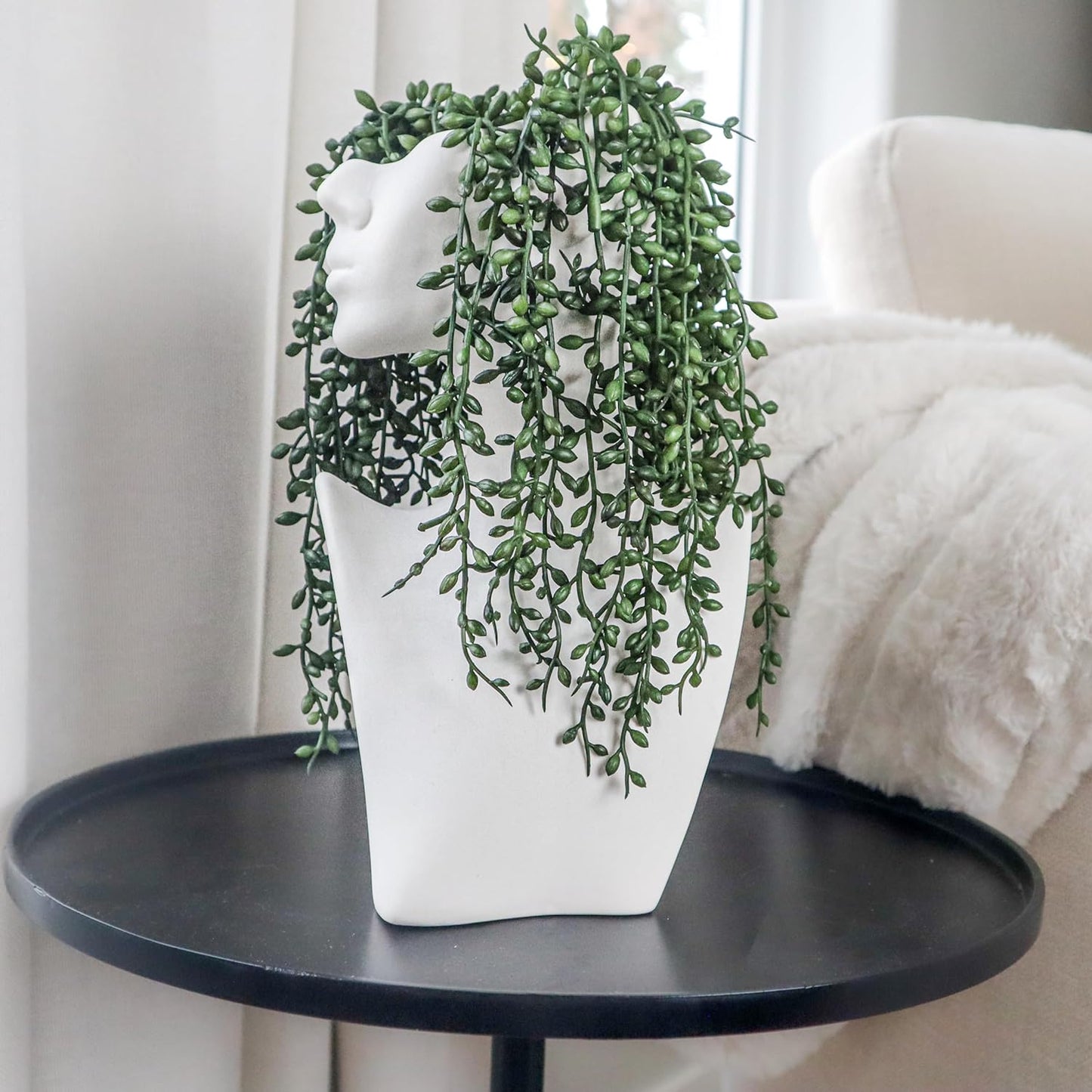 Laurel&Vine 10.5" Matte White Ceramic Face Vase with 4 Artificial Succulent Hanging Plant Stems Modern Nuetral Decor Living Room Home Office Bookshelf Decorations Head Vase with Faux Hanging Plants