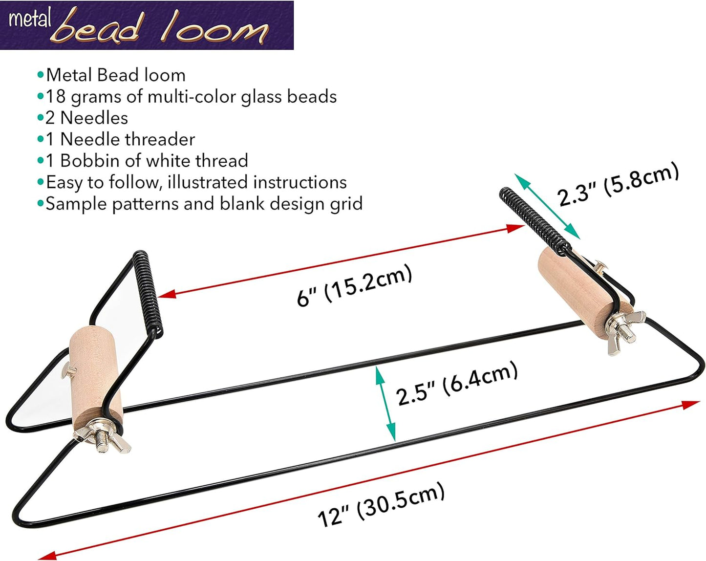 Metal Bead Loom Kit, Includes Loom (12.5" X 2.5" X 3"), Thread, Needles, and 18 Grams Glass Beads for Bracelets, Necklaces, Belts, and More