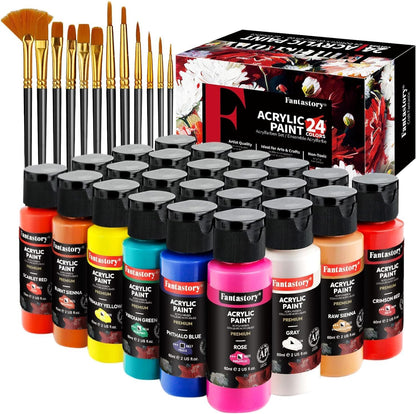 Acrylic Paint Set, 24 Classic Colors(2Oz), Professional Craft Paint Kit,Canvas/Rock/Stone/Ceramic/Model/Wood Painting with 12 Brushes