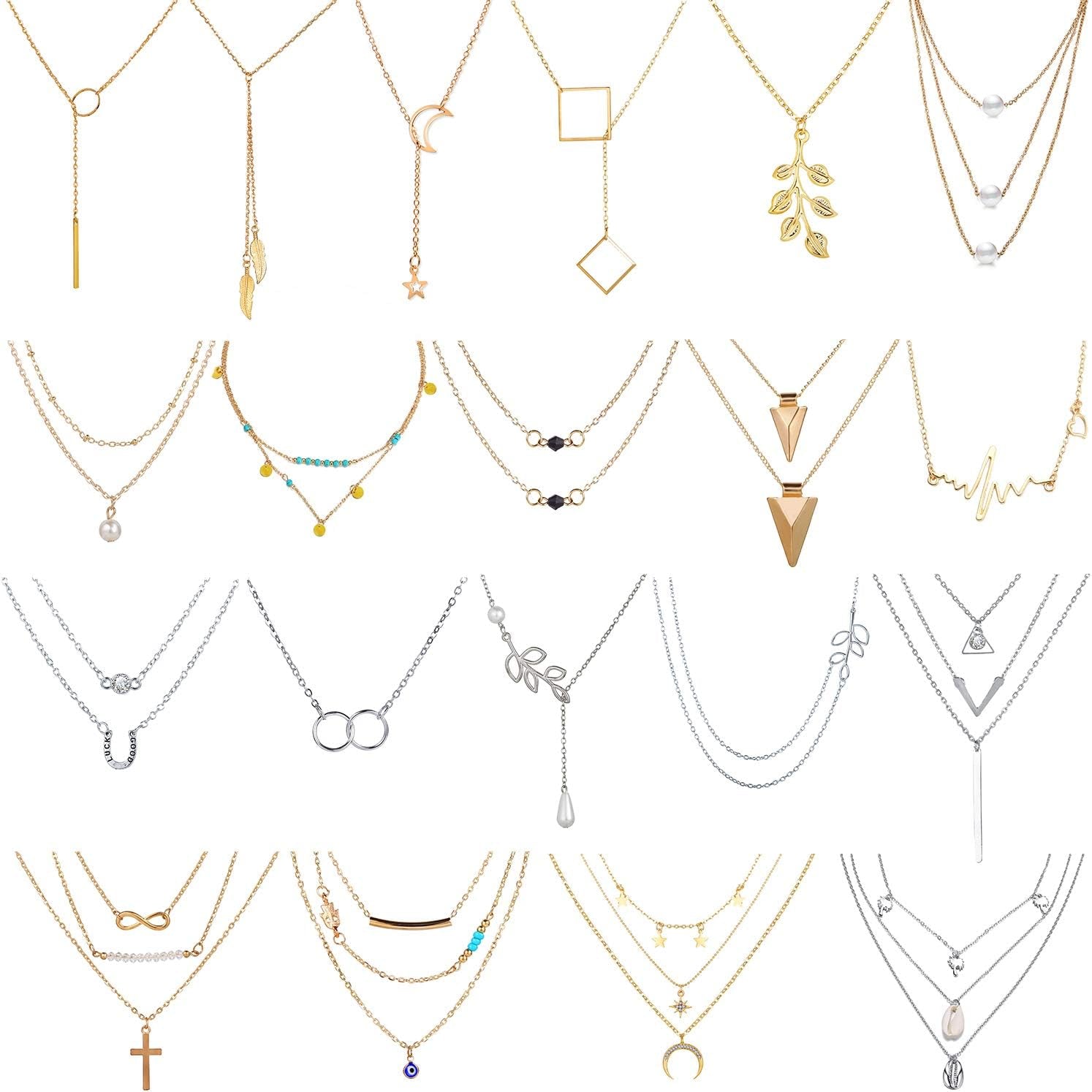 20 PCS Pendant Necklace with 14 PCS Gold,6 PCS Sliver,20 Styles of Necklaces for Women Girls Jewelry Fashion and Valentine Birthday Party Gift