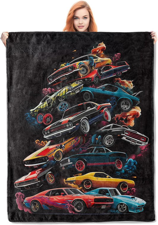 Muscle Cars Throw Blanket, Black Vintage Sports Car Print Fleece Blanket, Lightweight Warm Blanket for Boys Kids Teens Adults, Perfect for Couch Bed Sofa, Gifts for Car Enthusiasts, 40X50 In