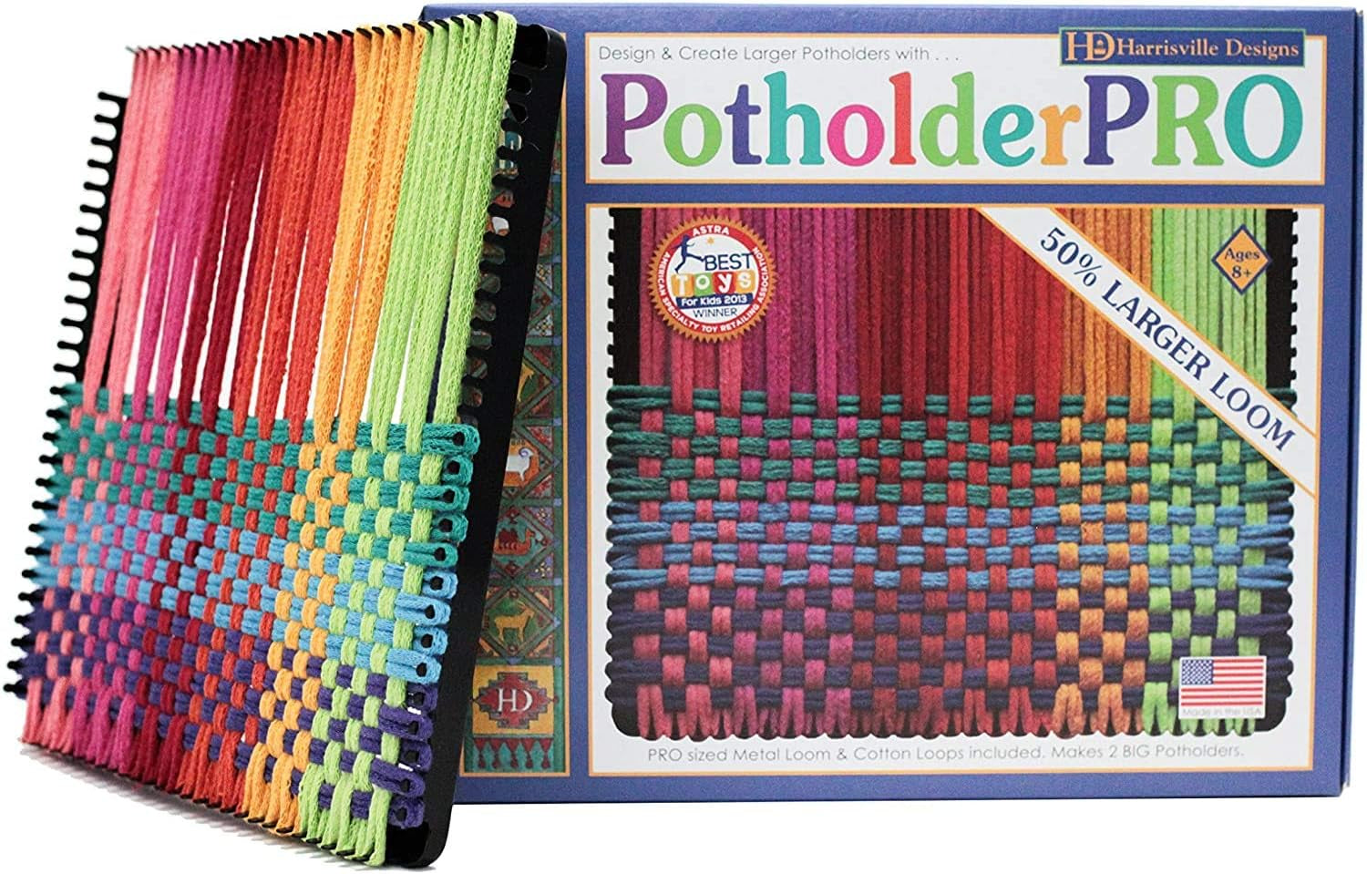 Friendly Loom 10" PRO Size Black Potholder Metal Loom Kit with Bright Rainbow Color Cotton Loops to Make 2 Potholders, Weaving Crafts for Kids & Adults MADE in the USA by