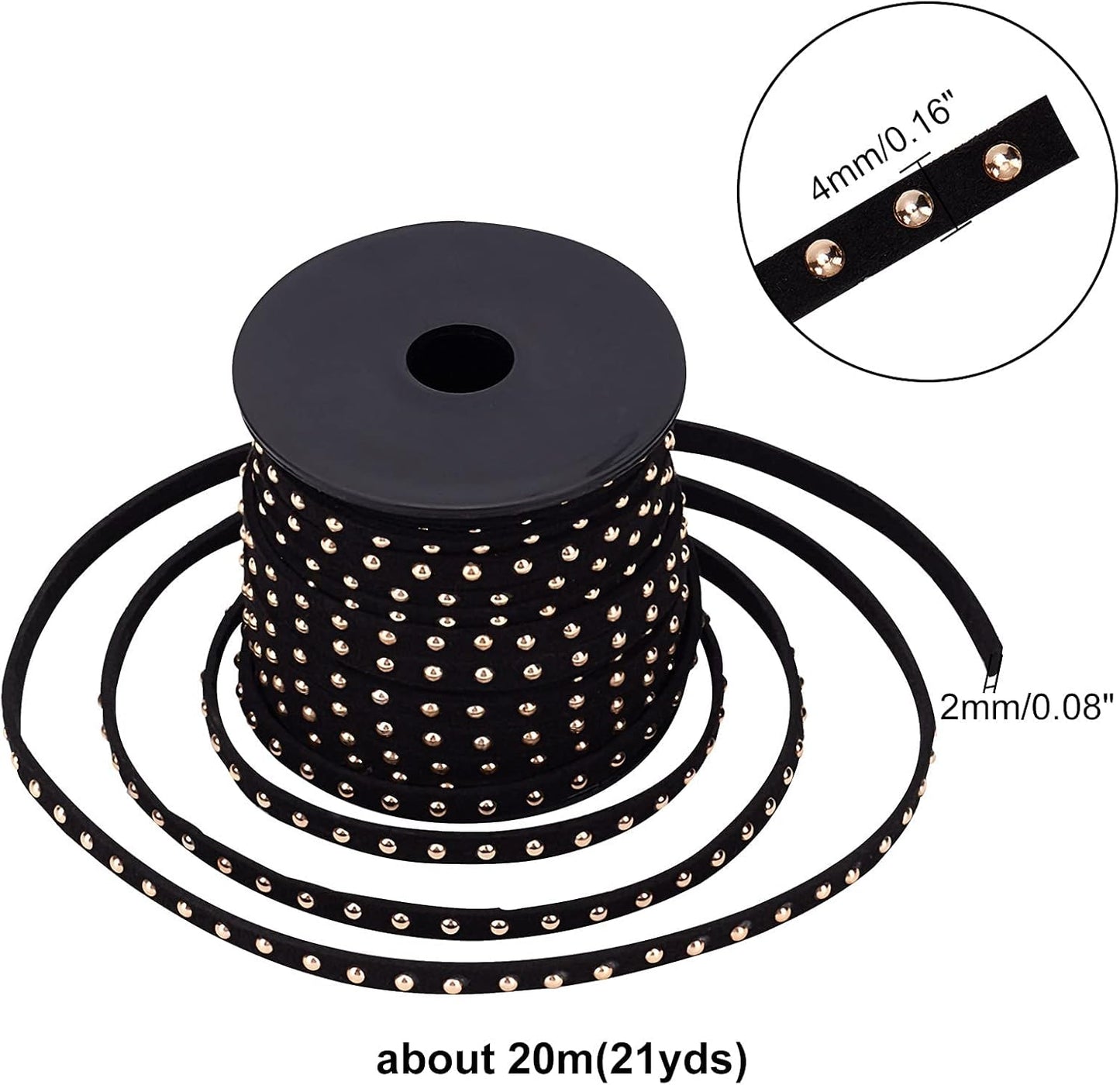 20M/21.8 Yard Faux Suede Cord 4Mm Micro Fabric Flat Beading String Aluminum Studded Faux Suede Leather Cord with Golden Rivet for Jewelry Making Tassel Macrame Dress Purse Home Decor