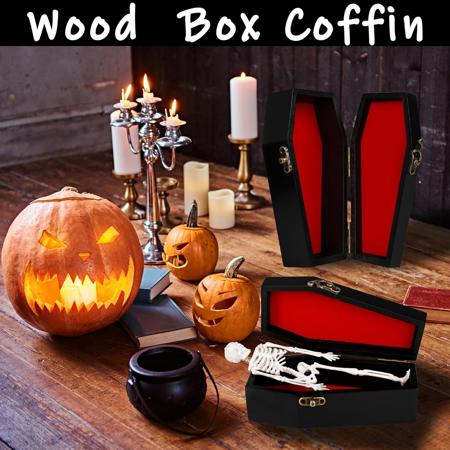 4 Pack Halloween Coffin Box, Black Painted Wood Coffintray for Halloween Decor, Goth Decor, Party Favor, Coffin Jewelry Box, Doll Coffin, Pet Casket