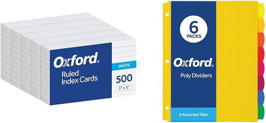 Index Cards 500 Pack 3X5 Ruled, Plastic Binder Dividers 8 Tab Letter Size 6 Sets