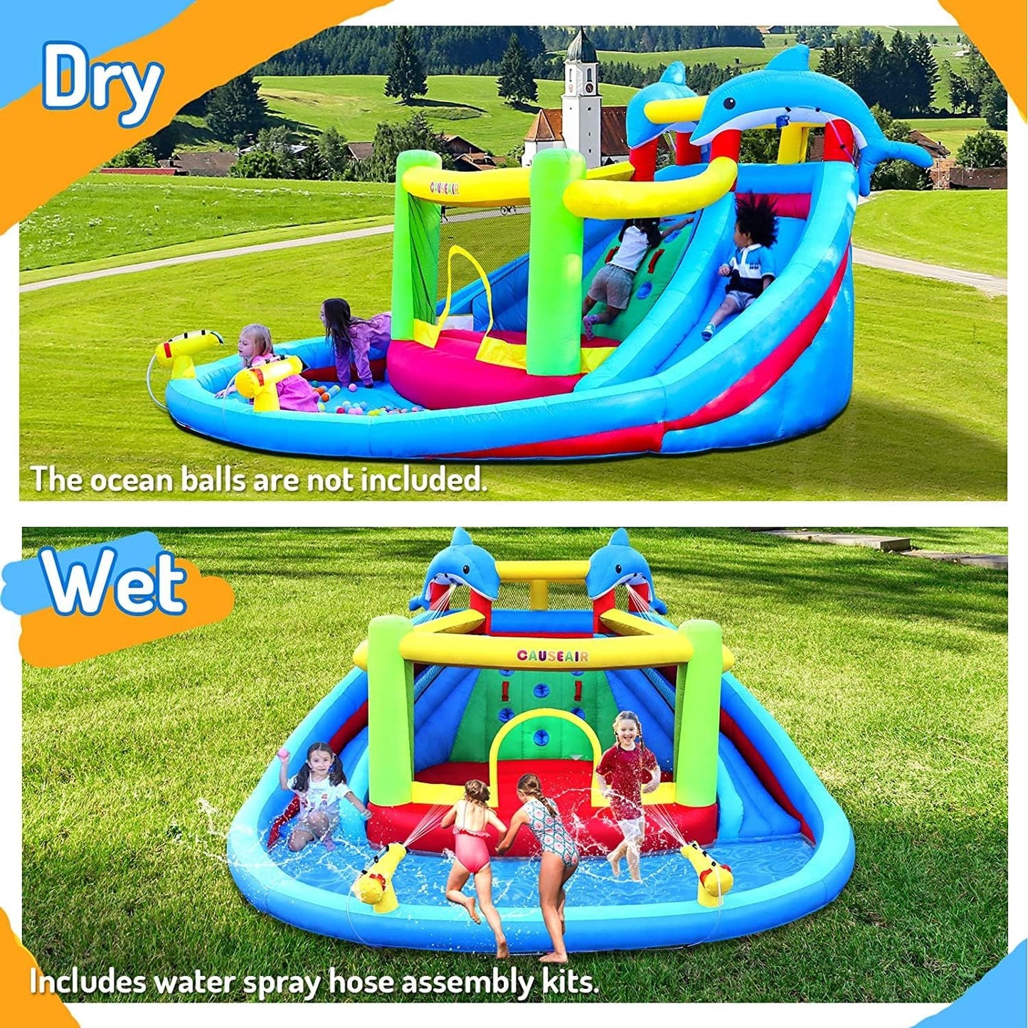 Inflatable Water Slide with Bounce House,Dolphin Styling,Splashing Pool,Double Water Cannon,Climbing Wall,Heavy Duty GFCI Blower,Inflatable Water Park for Kids Backyard Summer