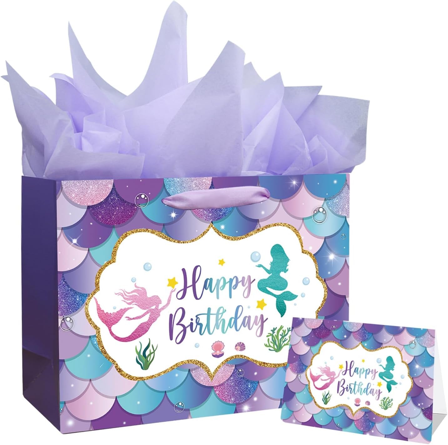 13" Large Mermaid Happy Birthday Gift Bag with Handle, Tissue Paper and Card for Kids Girls